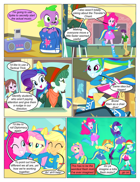 Size: 612x792 | Tagged: safe, artist:greatdinn, artist:newbiespud, derpibooru import, edit, edited screencap, screencap, applejack, fluttershy, pinkie pie, rainbow dash, rarity, spike, dog, comic:friendship is dragons, equestria girls, equestria girls (movie), animal ears, backpack, boots, clothes, collaboration, comic, dancing, dialogue, eyes closed, female, grin, humane five, male, necktie, one eye closed, radio, screencap comic, shoes, smiling, spike the dog, wink