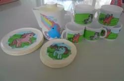 Size: 1019x666 | Tagged: blossom (g1), bowtie (g1), cotton candy (g1), cute, derpibooru import, firefly, flyabetes, g1, glory, merchandise, mug, official, photographer:sweetbubbles, plate, safe, teapot, tea set, tieabetes