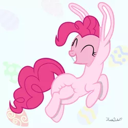 Size: 1600x1600 | Tagged: suggestive, artist:thunderdasher07, derpibooru import, pinkie pie, earth pony, pony, abstract background, animal costume, bunny costume, clothes, costume, diaper, diaper fetish, easter, easter egg, fetish, holiday, poofy diaper, smiling, solo