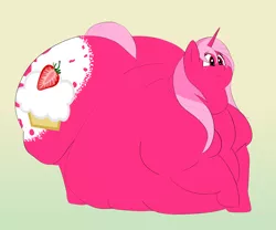 Size: 3000x2500 | Tagged: safe, artist:lupin quill, derpibooru import, oc, oc:strawberry cupcake, unofficial characters only, pony, unicorn, belly, big belly, bingo wings, butt, chubby cheeks, double chin, fat, freckles, huge belly, huge butt, impossibly large belly, impossibly large butt, large butt, morbidly obese, near immobile, obese, plot, rolls of fat, simple background, smiling, solo