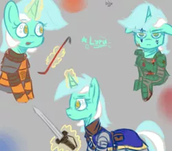 Size: 4000x3500 | Tagged: safe, artist:mjsw, derpibooru import, lyra heartstrings, pony, unicorn, crossover, crowbar, dark souls, doom, female, half-life, hev suit, magic, mare, reference, sketch, sword, telekinesis, weapon