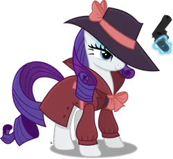 Size: 3087x2837 | Tagged: safe, artist:anime-equestria, derpibooru import, rarity, pony, unicorn, belt, bow, clothes, coat, costume, detective rarity, eyeshadow, gun, handgun, hat, high res, levitation, magic, makeup, noir, outfit, revolver, shadow spade, simple background, smiling, solo, telekinesis, transparent background, vector, weapon