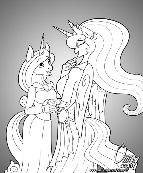 Size: 1000x1203 | Tagged: safe, artist:omny87, derpibooru import, princess celestia, oc, oc:destiny light, alicorn, anthro, unicorn, black and white, commission, fanart, female, grayscale, mare, monochrome, pony oc