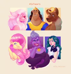 Size: 1956x2048 | Tagged: all dogs go to heaven, artist:tessillustrates, big cat, bust, clothes, crossover, derpibooru import, dog, don bluth, female, fluttershy, grin, halo, kronk, lion, lion (steven universe), lipstick, mare, safe, sailor moon, sailor neptune, six fanarts, smiling, steven universe, tentacles, the emperor's new groove, the little mermaid, ursula