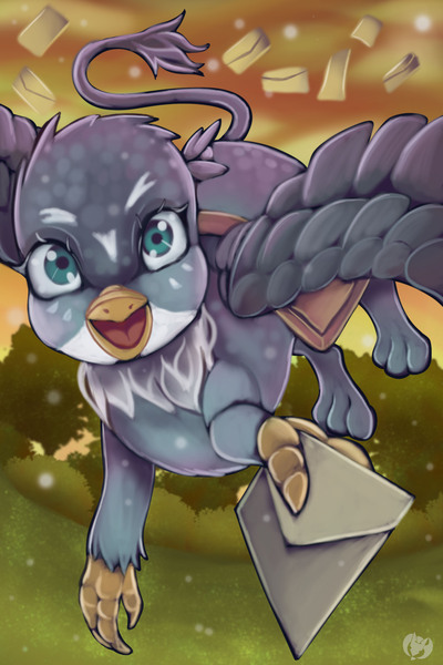 Size: 2400x3600 | Tagged: safe, artist:kenisu-of-dragons, derpibooru import, gabby, gryphon, cute, female, flying, gabbybetes, letter, looking at you, mail carrier, morning, redraw, smiling, solo