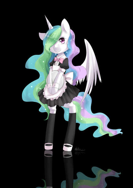 Size: 2480x3507 | Tagged: safe, artist:courtnolu, derpibooru import, princess celestia, alicorn, pony, apron, bipedal, black background, clothes, cuffs (clothes), cute, cutelestia, dress, female, high res, looking at you, maid, mare, pixiv, simple background, socks, solo, tray