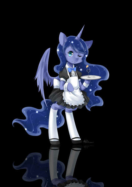 Size: 2480x3507 | Tagged: safe, artist:courtnolu, derpibooru import, princess luna, alicorn, pony, apron, bipedal, black background, clothes, cuffs (clothes), cute, dress, drink, female, glass, high res, looking at you, lunabetes, maid, mare, one eye closed, pixiv, simple background, socks, solo, tray, wine glass, wink