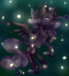 Size: 2500x2756 | Tagged: safe, artist:scribs, derpibooru import, oc, alicorn, firefly (insect), insect, pony, clothes, crying, curly hair, curly mane, digital, flower, food, freckles, frosting, halo, jewelry, lock, my little pony, necklace, night, ripped stockings, sad, socks, stockings, thigh highs, wing ears, winged hooves