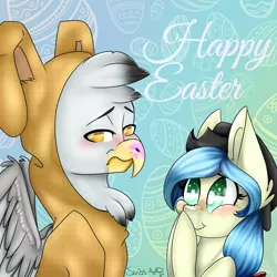 Size: 2500x2500 | Tagged: safe, artist:scribs, derpibooru import, oc, oc:bookie, oc:gunny, earth pony, gryphon, pony, animal costume, beak, big ears, big eyes, blushing, bunny costume, chest feathers, clothes, costume, digital, ear fluff, easter, easter egg, egg, embarrassed, feather, foe, freckles, green eyes, hat, head feathers, holiday, my little pony, paint, ribbon, snicker, the pitt, yellow eyes