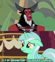 Size: 1280x1440 | Tagged: safe, derpibooru import, edit, edited screencap, editor:jaredking203, screencap, lord tirek, lyra heartstrings, centaur, pony, unicorn, frenemies (episode), slice of life (episode), caption, female, floppy ears, image macro, implied queen chrysalis, male, mare, meme, open mouth, text, worried