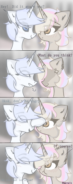 Size: 1000x2500 | Tagged: safe, artist:memengla, derpibooru import, oc, oc:memengla, unofficial characters only, pony, unicorn, ear fluff, female, horn, mare, shipping, younger