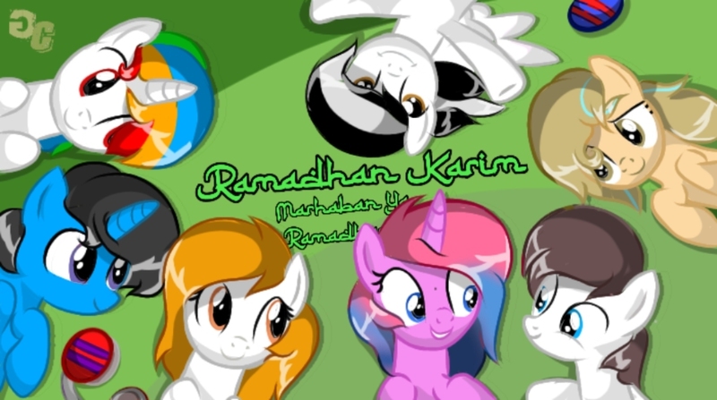 Size: 1206x674 | Tagged: safe, artist:grithcourage, artist:poncutes, artist:rezatim, derpibooru import, oc, oc:grith courage, oc:poncutes, oc:stripe shields, unofficial characters only, earth pony, pegasus, pony, unicorn, adorable face, collaboration, cute, female, friendship, headset, islam, male, ramadhan, watermark