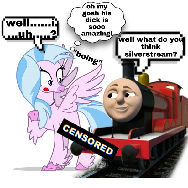 Size: 1773x1773 | Tagged: questionable, banned from derpibooru, deleted from derpibooru, derpibooru import, silverstream, background pony strikes again, blushing, caption, censor bar, censored, crack shipping, downvote bait, image, image macro, implied penis, james the red engine, jpeg, nudity, shipping, spread wings, text, thomas the tank engine, wat, why, wingboner, wings