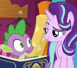 Size: 818x720 | Tagged: a-dressing memories, book, cropped, derpibooru import, dragon, edit, edited screencap, lidded eyes, safe, screencap, smiling, smug, spike, spoiler:a-dressing memories, spoiler:mlp friendship is forever, starlight glimmer, winged spike