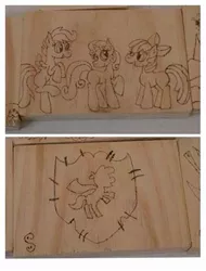 Size: 365x480 | Tagged: safe, artist:dawn-designs-art, artist:sapphire-burns-art, derpibooru import, apple bloom, scootaloo, sweetie belle, earth pony, pegasus, pony, unicorn, cutie mark crusaders, photo, pyrography, traditional art, wood