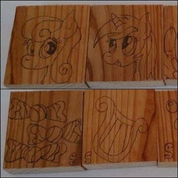 Size: 362x362 | Tagged: safe, artist:dawn-designs-art, artist:sapphire-burns-art, derpibooru import, bon bon, lyra heartstrings, sweetie drops, earth pony, pony, unicorn, cutie mark, photo, pyrography, traditional art, wood