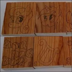 Size: 362x362 | Tagged: safe, artist:dawn-designs-art, artist:sapphire-burns-art, derpibooru import, bon bon, lyra heartstrings, sweetie drops, earth pony, pony, unicorn, cutie mark, photo, pyrography, traditional art, wood