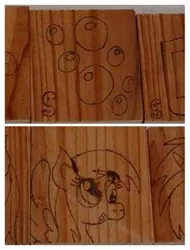 Size: 365x480 | Tagged: safe, artist:dawn-designs-art, artist:sapphire-burns-art, derpibooru import, derpy hooves, pegasus, pony, cutie mark, photo, pyrography, traditional art, wood