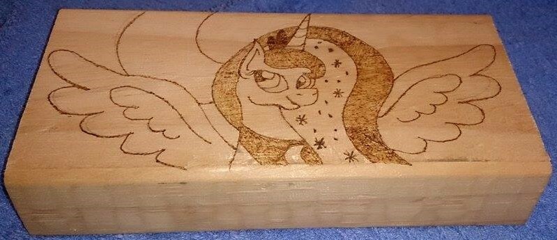 Size: 799x345 | Tagged: safe, artist:dawn-designs-art, artist:sapphire-burns-art, derpibooru import, princess luna, alicorn, pony, photo, pyrography, traditional art, wood