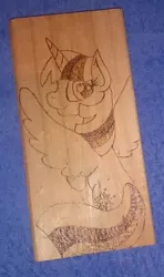 Size: 397x670 | Tagged: safe, artist:dawn-designs-art, artist:sapphire-burns-art, derpibooru import, twilight sparkle, twilight sparkle (alicorn), alicorn, pony, photo, pyrography, traditional art, wood