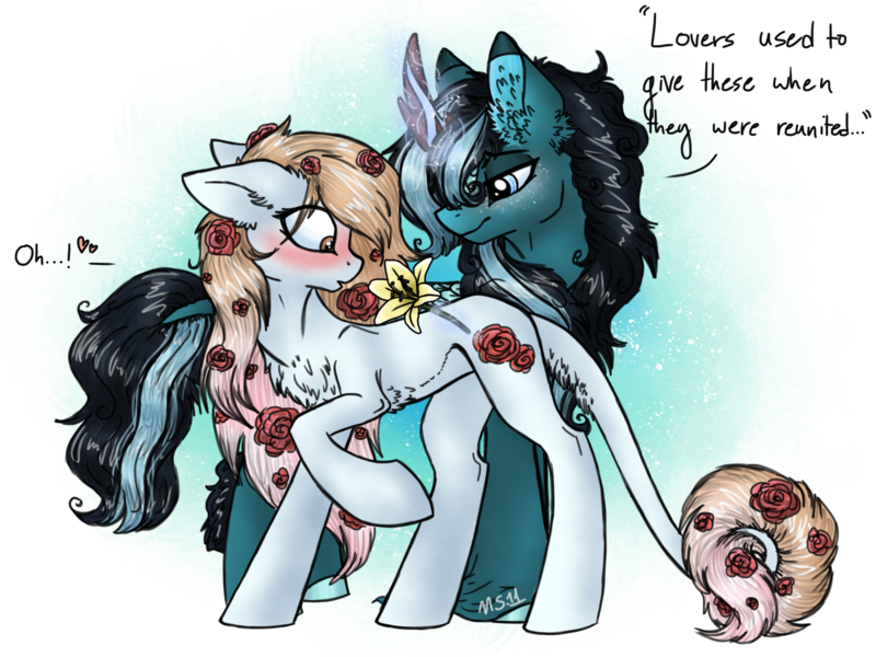 Size: 2048x1536 | Tagged: safe, artist:melonseed11, derpibooru import, oc, oc:frozen note, oc:rosey delicacy, unofficial characters only, kirin, pegasus, pony, female, flower, mare, simple background, transparent background