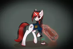 Size: 1861x1253 | Tagged: safe, artist:astaroth, artist:s.l.guinefort, derpibooru import, oc, oc:blackjack, unofficial characters only, pony, unicorn, fallout equestria, fallout equestria: project horizons, fanfic, clothes, energy weapon, fanfic art, female, glowing horn, gun, hooves, horn, laser rifle, levitation, magic, magical energy weapon, mare, pipbuck, solo, telekinesis, vault security armor, vault suit, weapon
