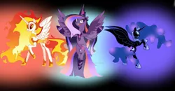 Size: 1024x532 | Tagged: safe, artist:velveagicsentryyt, derpibooru import, daybreaker, nightmare moon, twilight sparkle, ponified, pony, equestria girls, base used, deviantart watermark, midnight sparkle, nightmare twilight, nightmarified, obtrusive watermark, watermark