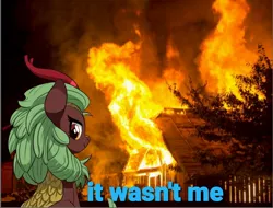 Size: 1434x1088 | Tagged: artist:mangoswirl13, cinder glow, denial, derpibooru import, fire, house fire, implied nirik, it wasn't me, kirin, looking at you, looking back, safe, smiling, solo, summer flare, this ended in fire