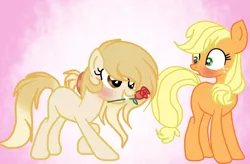 Size: 900x591 | Tagged: safe, artist:applerougi, derpibooru import, applejack, oc, oc:cremita, earth pony, pony, blushing, female, flower, lesbian, mare, mouth hold, rose