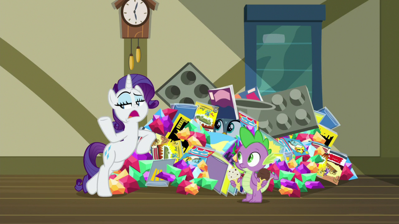 Size: 1920x1080 | Tagged: safe, derpibooru import, screencap, gabby, rarity, spike, dragon, pony, unicorn, dragon dropped, comic book, female, food, gem, ice cream, male, mare, post office, winged spike