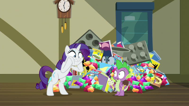 Size: 1920x1080 | Tagged: safe, derpibooru import, screencap, gabby, rarity, spike, dragon, pony, unicorn, dragon dropped, comic book, female, food, gem, ice cream, mare, post office, winged spike