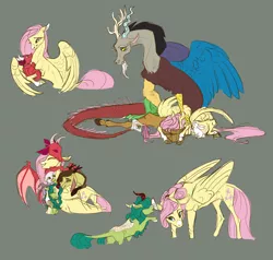 Size: 1956x1860 | Tagged: safe, artist:varwing, derpibooru import, angel bunny, discord, fluttershy, oc, oc:athena (varwing), oc:clear, oc:leaflitter, oc:spring blossom, draconequus, dragon, gryphon, hybrid, kirin, adopted offspring, cute, dadcord, daddy discord, discoshy, draconequus oc, dragon oc, family, father and child, father and daughter, father and son, female, gray background, griffon oc, interspecies offspring, kirin oc, male, mare, morning sickness, mother and child, mother and daughter, mother and son, next generation, offspring, parent:discord, parent:fluttershy, parents:discoshy, shipping, siblings, simple background, straight