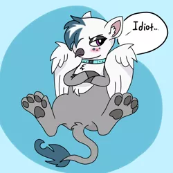 Size: 1024x1024 | Tagged: safe, artist:sprinkle-tits, derpibooru import, oc, oc:izzy, unofficial characters only, gryphon, abstract background, choker, collar, dialogue, female, freckles, goth, gothic, paw pads, paws, solo, toe beans, tsundere, underpaw