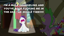 Size: 1280x720 | Tagged: caption, changeling, derpibooru import, dragon dropped, edit, edited screencap, image macro, implied gay, implied shipping, implied thorax, implied thoraxspike, nose in the air, phonograph, rarity, screencap, spike, spotlight, suggestive, text, volumetric mouth