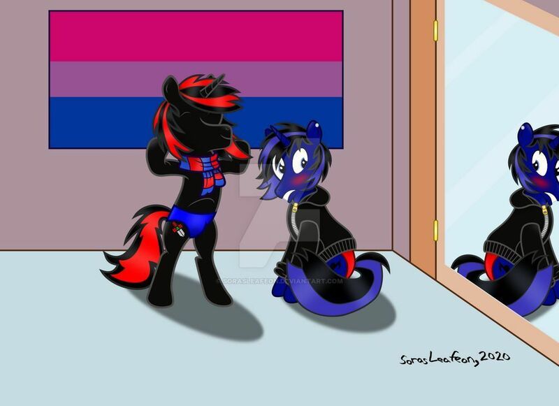 Size: 1024x744 | Tagged: safe, artist:sorasleafeon, derpibooru import, oc, oc:airwave, oc:shadow sora, unofficial characters only, pony, unicorn, bedroom, bisexual, bisexual pride flag, blushing, closet, clothes, duo, ear piercing, embarrassed, eyes closed, flex, flexing, happiness, happy, hood, hoodie, horn, mirror, original character do not steal, piercing, pride, pride flag, reflection, scarf, sitting, smiling, speedo, standing up, swimming trunks, swimsuit, unicorn oc, victory, zipper
