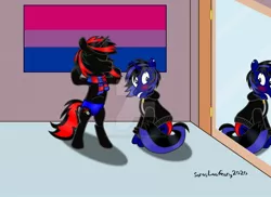 Size: 1024x744 | Tagged: safe, artist:sorasleafeon, derpibooru import, oc, oc:airwave, oc:shadow sora, unofficial characters only, pony, unicorn, bedroom, bisexual, bisexual pride flag, blushing, closet, clothes, duo, ear piercing, embarrassed, eyes closed, flex, flexing, happiness, happy, hood, hoodie, horn, mirror, original character do not steal, piercing, pride, pride flag, reflection, scarf, sitting, smiling, speedo, standing up, swimming trunks, swimsuit, unicorn oc, victory, zipper