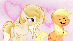 Size: 1354x776 | Tagged: safe, artist:applerougi, derpibooru import, applejack, oc, oc:cremita, earth pony, pony, blushing, female, mare, scrunchy face