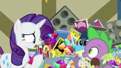 Size: 1920x1080 | Tagged: safe, derpibooru import, screencap, gabby, rarity, spike, dragon, pony, unicorn, dragon dropped, comic book, female, food, gem, ice cream, ice cream cone, male, mare, post office, winged spike