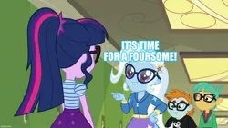 Size: 1280x720 | Tagged: suggestive, derpibooru import, edit, edited screencap, screencap, sci-twi, snails, snips, trixie, twilight sparkle, best trends forever, equestria girls, equestria girls series, best trends forever: twilight sparkle, caption, female, glasses, image macro, male, meme, text, trixie yells at everything