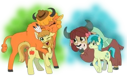 Size: 1024x634 | Tagged: safe, artist:faitheverlasting, derpibooru import, braeburn, little strongheart, sandbar, yona, buffalo, earth pony, pony, yak, the last problem, beard, bow, braeheart, cloven hooves, cowboy hat, eyes closed, facial hair, feather, female, hair bow, hat, headdress, larger female, male, monkey swings, older, older braeburn, older little strongheart, older sandbar, older yona, one eye closed, shipping, simple background, size difference, smiling, straight, transparent background, vector, yonabar
