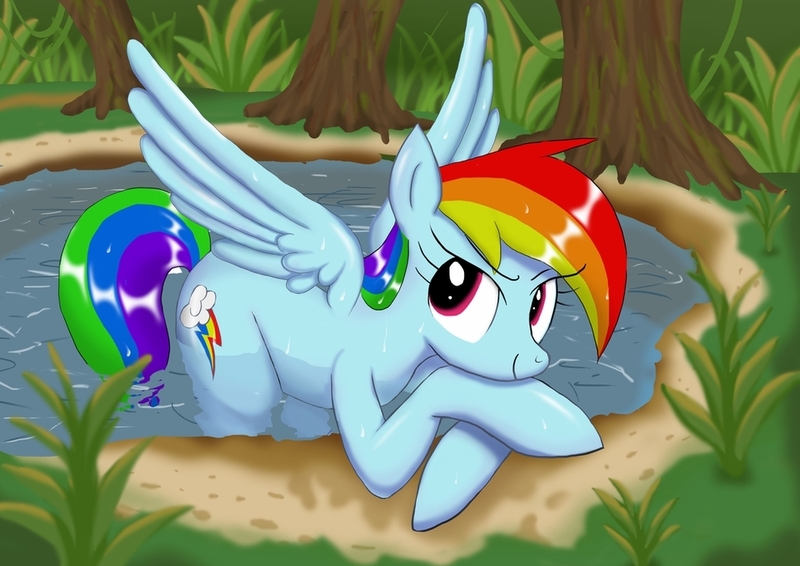 Size: 1024x724 | Tagged: safe, artist:neoshrek, deleted from derpibooru, derpibooru import, rainbow dash, pony, forest, pond, solo, water, wet