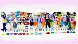 Size: 3424x1926 | Tagged: safe, alternate version, artist:liaaqila, derpibooru import, oc, oc:aerobic chromatic, oc:anarchy gear, oc:elizard draco, oc:feather flight (ice1517), oc:glitter ink, oc:gloomy harmony, oc:greyscale paige, oc:hallows eve, oc:merry mischief, oc:mischivevous spirit, oc:pastel activity, oc:ruby (ice1517), oc:sea strike, oc:seaweed shores, oc:shadow stalk, oc:snowflake shine, oc:spirit sparrow, oc:sunshine smiles (ice1517), oc:violetta pages, oc:winter wind (ice1517), unofficial characters only, demon, equestria girls, amputee, angel, bandage, bandana, barefoot, bomber jacket, bondage, bra, bra strap, camouflage, cardigan, choker, clothes, coat, commission, crop top bra, crying, discarded clothing, dress, equestria girls-ified, eye scar, eyes closed, feather, feet, female, fetish, foot fetish, glasses, goggles, headband, hoodie, hug, jacket, jeans, jewelry, laughing, leggings, looking at each other, markings, multicolored hair, nonbinary, one eye closed, open mouth, pants, peg leg, pigtails, pirate, prosthetic leg, prosthetic limb, prosthetics, rainbow hair, scar, scarf, shirt, skirt, socks, soles, spiked choker, striped socks, t-shirt, tanktop, tears of laughter, tickle fetish, tickle torture, tickling, traditional art, twintails, unamused, underwear, vest, wall of tags, wink, worried
