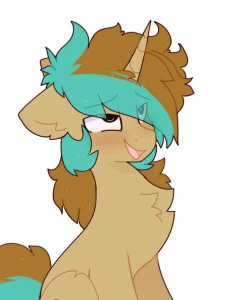Size: 772x1032 | Tagged: safe, artist:little-sketches, derpibooru import, oc, oc:demi, oc:demiurgic theory, unofficial characters only, unicorn, ahegao, blushing, chest fluff, cute, eyes rolling back, fluffy, looking pleasured, male, messy mane, open mouth, pleased, simple background, solo, stallion, tongue out, transparent background