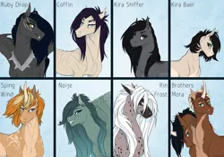 Size: 2000x1400 | Tagged: safe, artist:dementra369, derpibooru import, oc, oc:coffin, oc:noize, oc:rin frost, oc:ruby drop, oc:spring wind, unofficial characters only, earth pony, pegasus, pony, unicorn, brothers, conjoined, conjoined twins, female, looking at you, male, mare, multiple heads, siblings, stallion, two heads