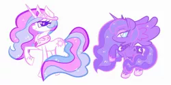 Size: 1600x800 | Tagged: safe, artist:frogletcomics, artist:gooomys, derpibooru import, princess celestia, princess luna, alicorn, pony, duo, female, heart eyes, image, jewelry, jpeg, mare, regalia, royal sisters, simple background, white background, wingding eyes, wingless