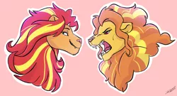 Size: 3530x1900 | Tagged: adagio dazzle, artist:shimazun, big cat, bust, derpibooru import, duo, female, lesbian, lion, lioness, lionified, open mouth, pink background, portrait, safe, shipping, simple background, species swap, sunsagio, sunset shimmer