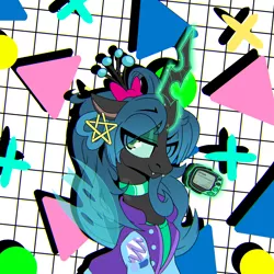 Size: 3450x3450 | Tagged: safe, artist:niggerdrawfag, derpibooru import, queen chrysalis, changeling, changeling queen, pony, abstract background, bow, choker, clothes, female, hair bow, jacket, pager, solo