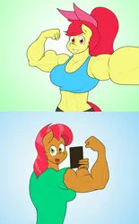 Size: 1724x2776 | Tagged: safe, artist:matchstickman, derpibooru import, apple bloom, babs seed, anthro, earth pony, tumblr:where the apple blossoms, abs, abs seed, apple bloom's bow, apple brawn, armpits, biceps, bow, breasts, busty apple bloom, busty babs seed, clothes, comic, cousins, deltoids, duo, female, flexing, front view, gradient background, grin, hair bow, looking at you, mare, matchstickman's apple brawn series, mobile phone, muscles, muscular female, no dialogue, older, older apple bloom, older babs seed, pecs, phone, selfie, shirt, side view, smartphone, smiling, tongue out, triceps, tumblr comic