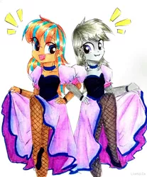 Size: 814x982 | Tagged: safe, artist:liaaqila, derpibooru import, oc, oc:cold front, oc:disty, oc:disty dusk, unofficial characters only, equestria girls, choker, clothes, commission, crossdressing, dancing, dress, equestria girls-ified, fishnets, gay, high heels, male, oc x oc, pantyhose, saloon dress, shipping, shoes, smiling