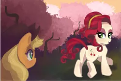 Size: 1969x1321 | Tagged: safe, artist:camaleao, derpibooru import, applejack, cherry jubilee, earth pony, pony, the last roundup, butt, cherry orchard, female, lidded eyes, looking back, mare, missing accessory, plot